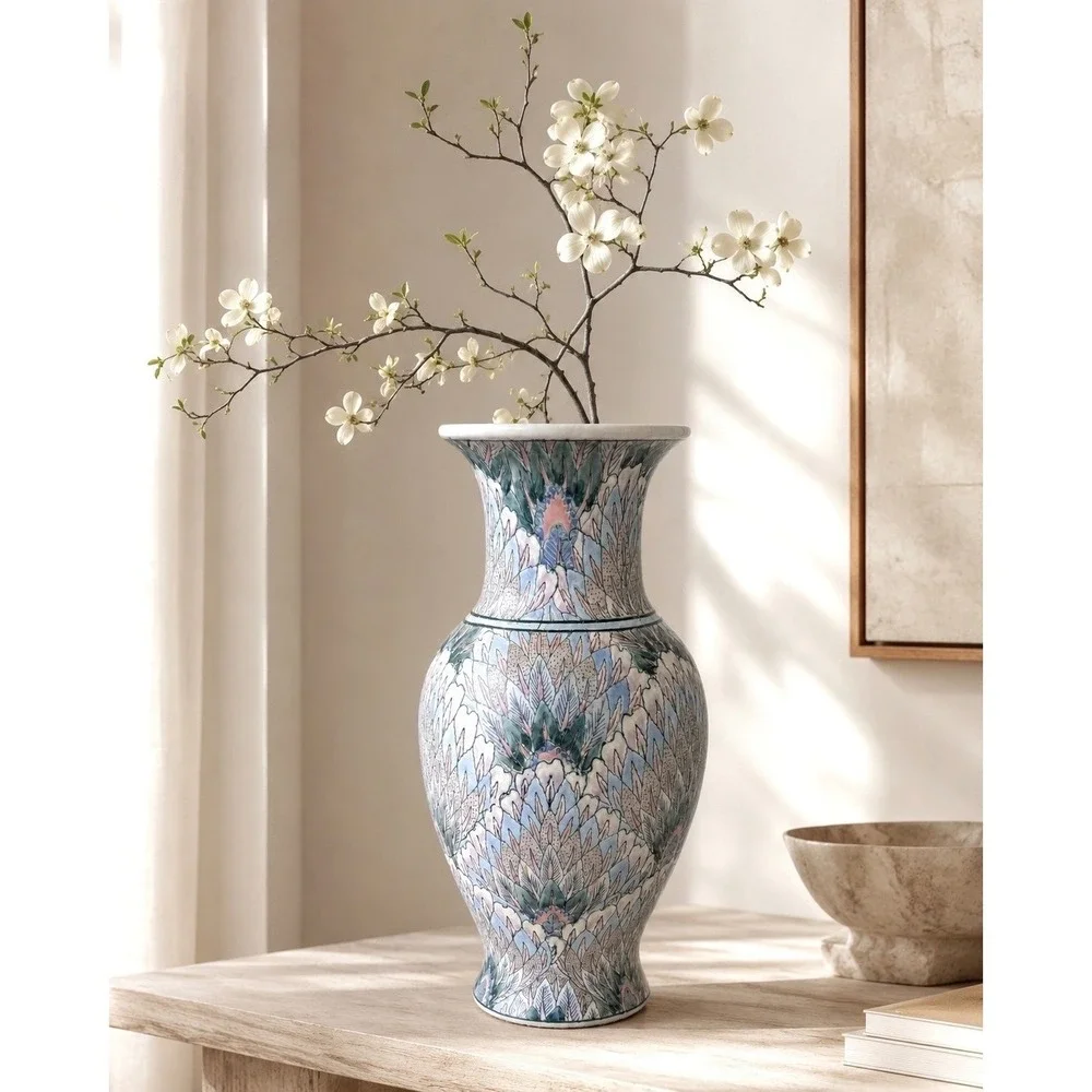 Vintage TOYO Plumage Fantasy Porcelain Vase Pastel Chinoiserie 10
